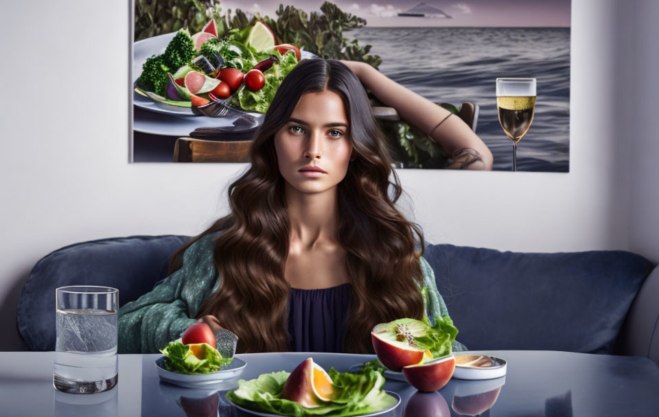 Long-haired woman enjoying healthy meal and wine at table with seaside painting.