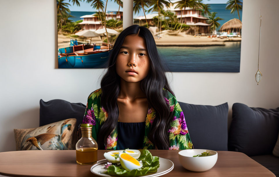 Young woman enjoying healthy meal in room with tropical beach mural