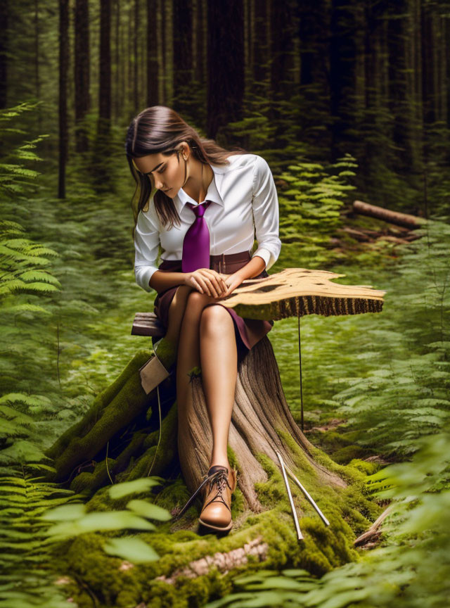 Woman in white shirt and purple tie reading book on tree stump in lush green forest