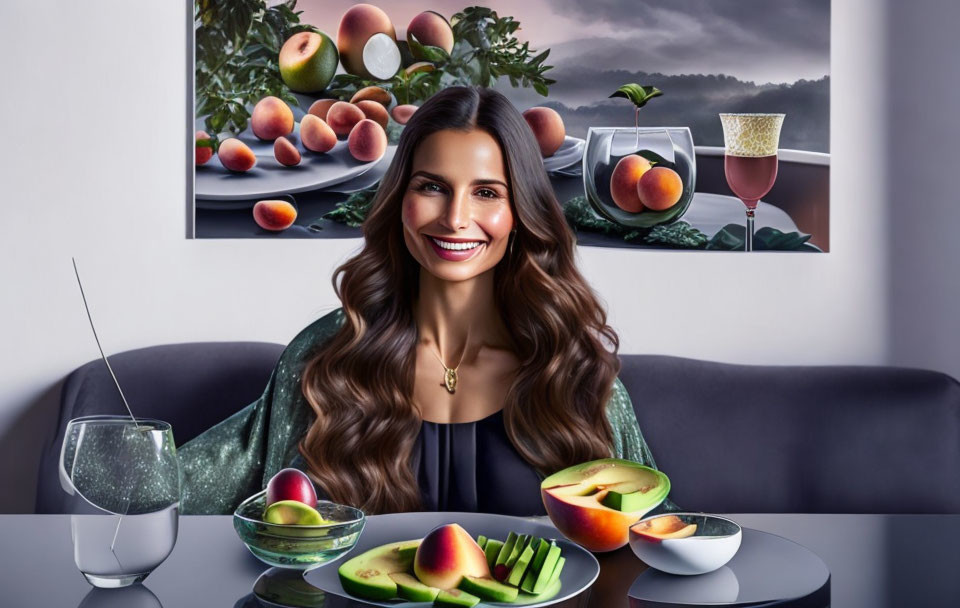 Smiling woman at table with fruits and painting of peaches - Healthy lifestyle theme