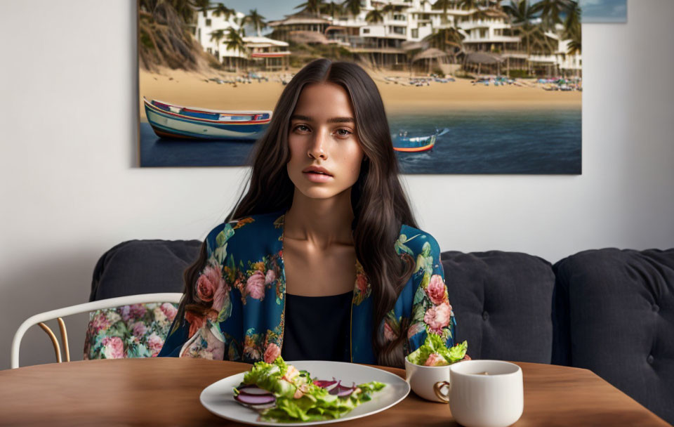 Woman at table with salad plate and beach painting.