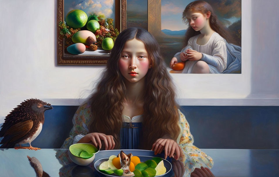 Surreal painting: young woman at table with fruit and bird, second girl with orange.