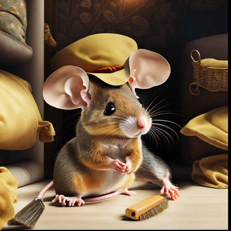 Anthropomorphic mouse in cozy room with hat, broom, and comb