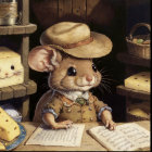 Anthropomorphic mouse in cozy room with hat, broom, and comb