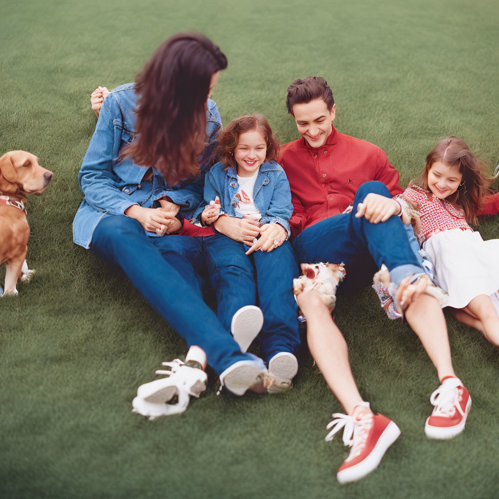 Family with two dogs laughing and playing on grass in casual outfits