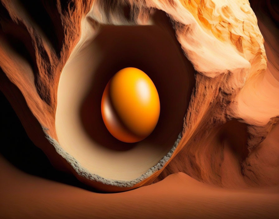 Surreal glossy sphere in cave-like void with warm tones