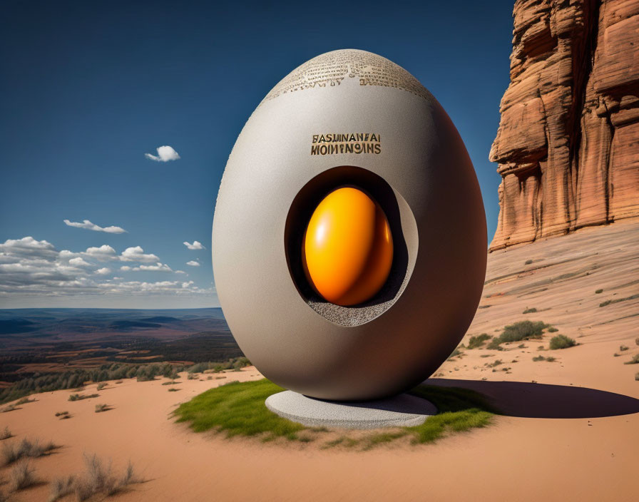 Futuristic egg-shaped pod in desert with orange interior