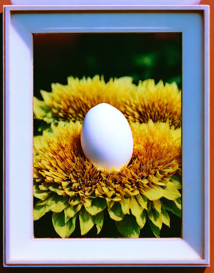 White Egg on Yellow Sunflowers in White Frame Picture