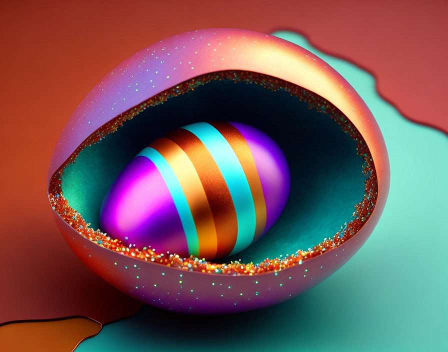 Colorful Glittery Egg in 3D Rendering on Dual-Tone Background