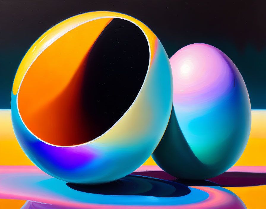 Vibrant iridescent egg-shaped objects on reflective surface