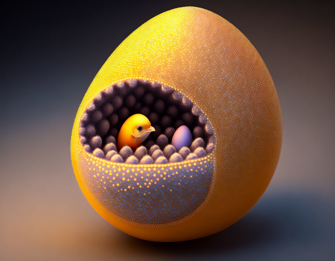 Adorable chick in textured orange egg with cozy interior