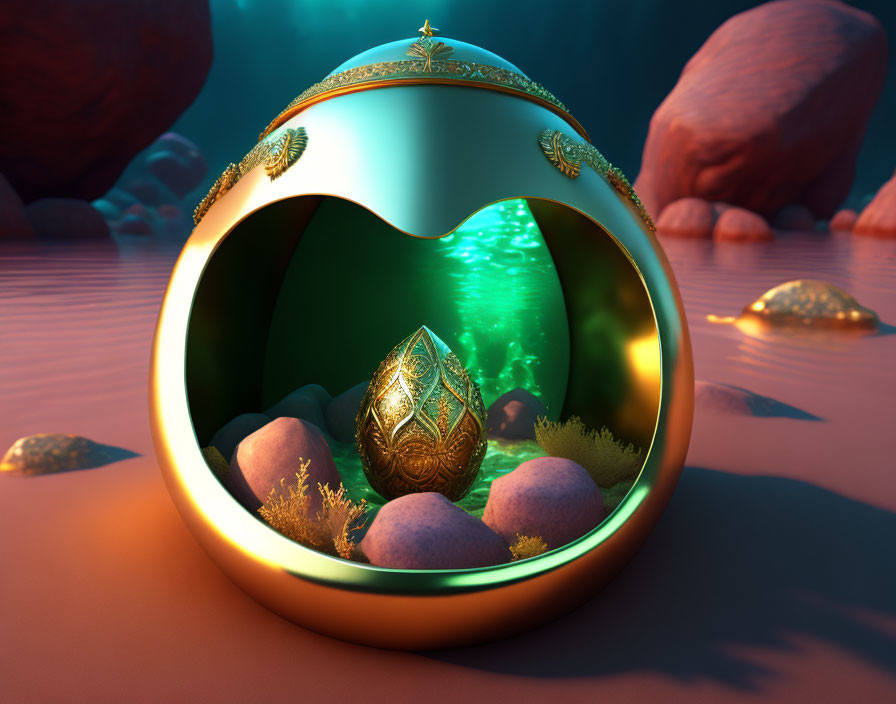 Golden egg-shaped object in spherical structure on ethereal landscape