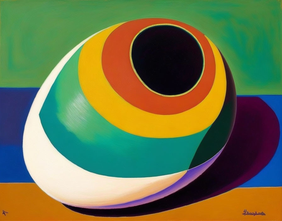 Vibrant abstract painting with spherical object and concentric circles in green, yellow, orange, and