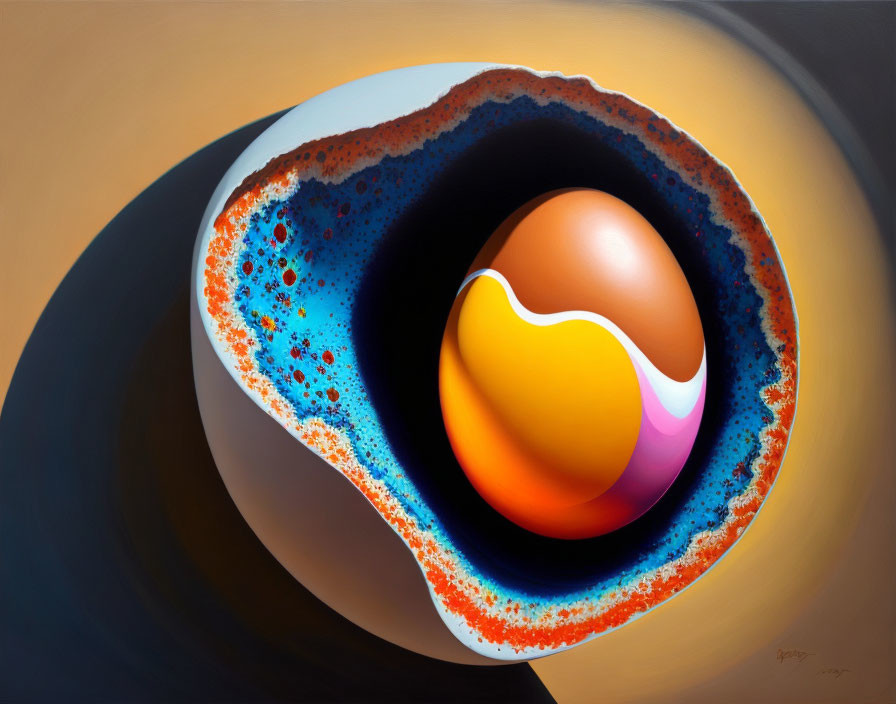 Vividly colored abstract digital artwork of a glossy egg on warm-toned backdrop