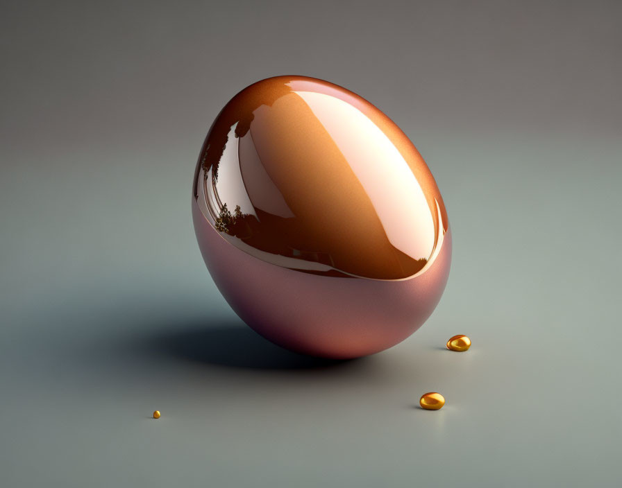 Copper-colored egg-shaped object on grey surface with reflections