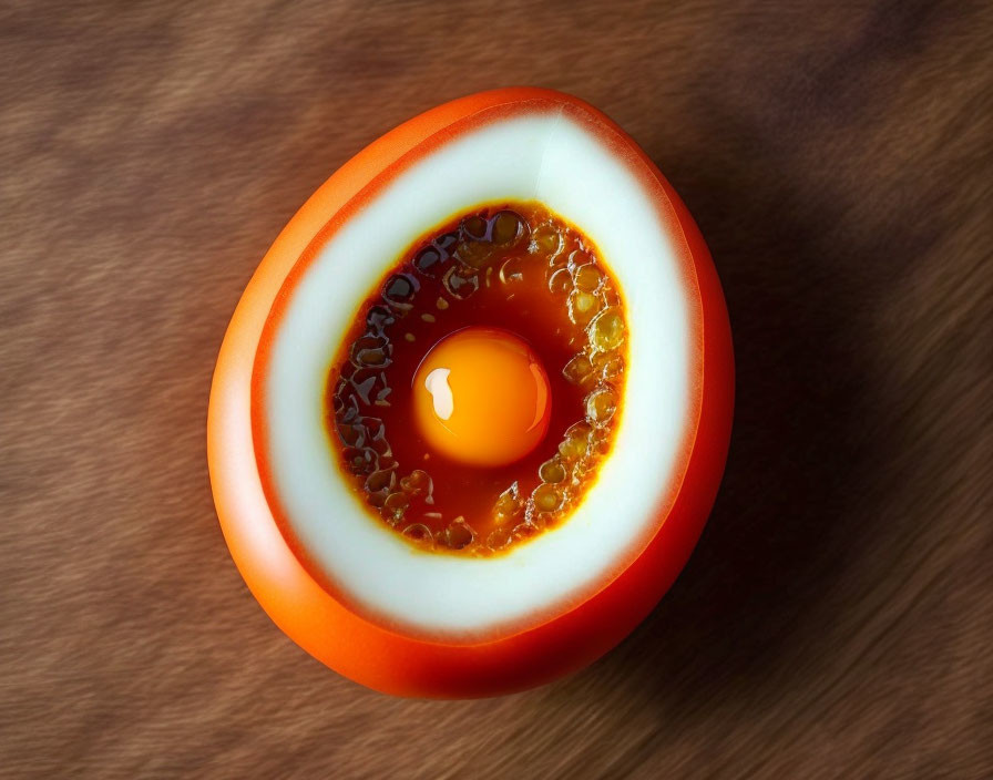 Sliced Boiled Egg with Runny Yolk on Wooden Surface