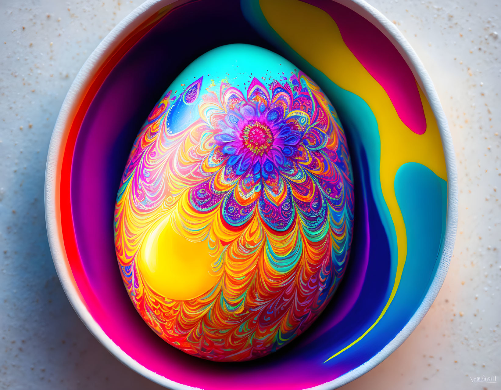 Colorful 3D Egg Illustration in Wavy-Lined Bowl