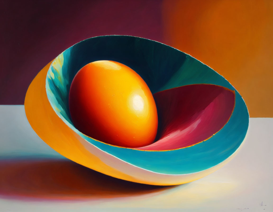 Colorful oversized egg in bowl-like structure on gradient background