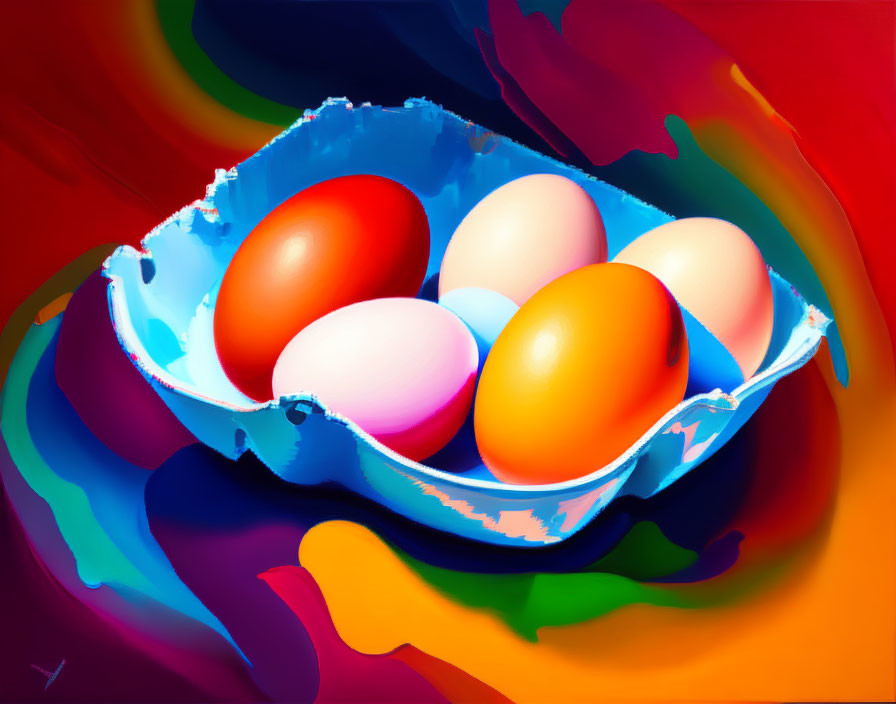 Colorful digital artwork featuring six eggs in blue carton with surreal rainbow background