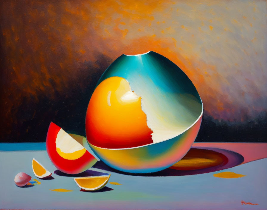 Vibrant painting: Large broken egg shape with smaller segment on gradient background