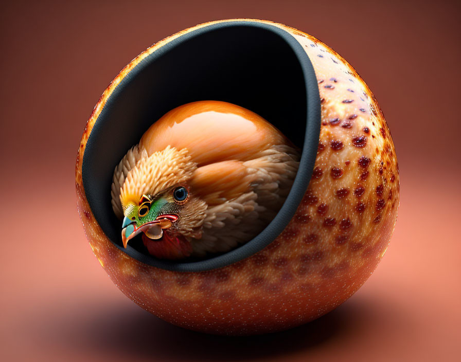 Surreal chicken holding worm in beak inside eggshell planet sphere