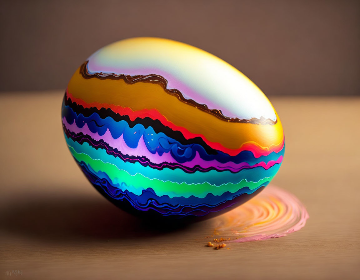 Colorful Metallic-Looking Egg with Wavy Layers on Wooden Surface