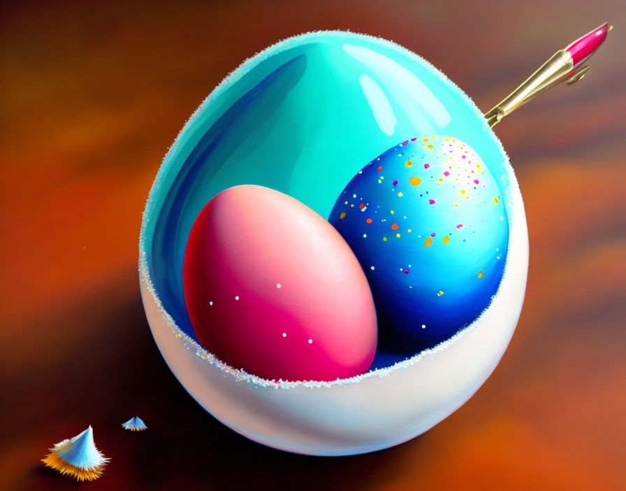 Hyperrealistic Painting of Blue and White Eggshell with Pink and Speckled Blue Egg and Paint