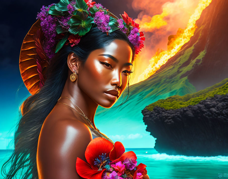 Woman with floral headdress in front of volcanic eruption and seascape