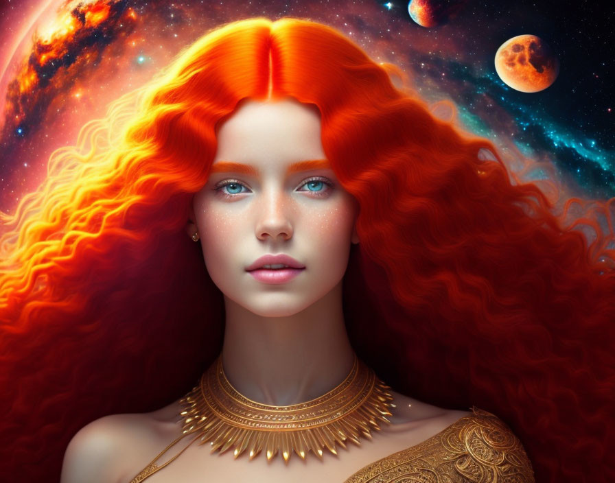 Vibrant red-haired woman in surreal cosmic portrait