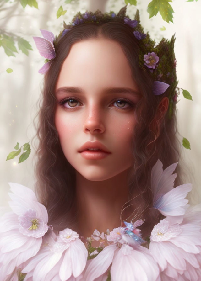 Digital portrait of woman with flowers and leaves, surrounded by pink blossoms