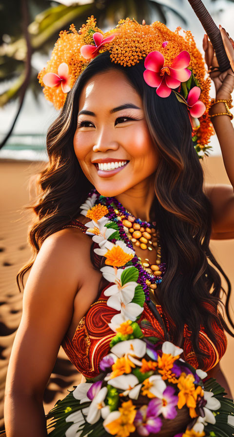 Smiling woman with flower crown and lei in tropical setting