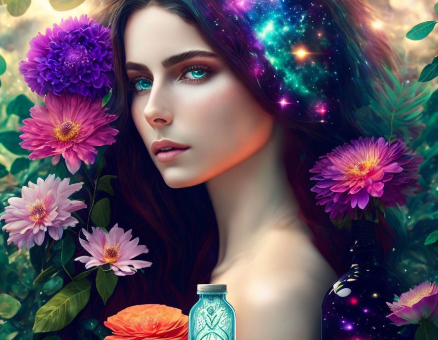 Woman's portrait with vibrant flower hair and cosmic galaxy blend.