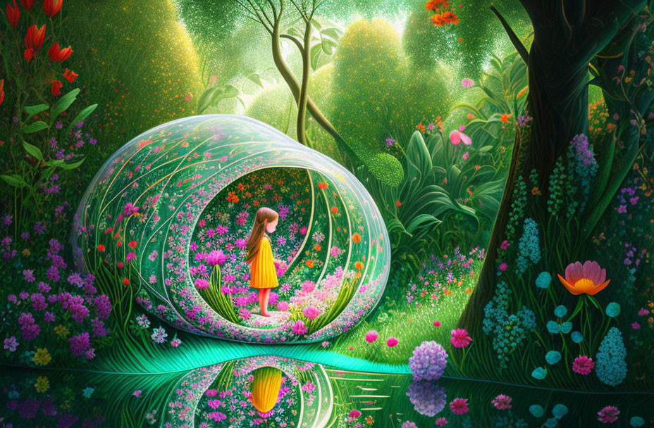 Child in Yellow Dress Inside Flower-Adorned Bubble Amid Lush Forest