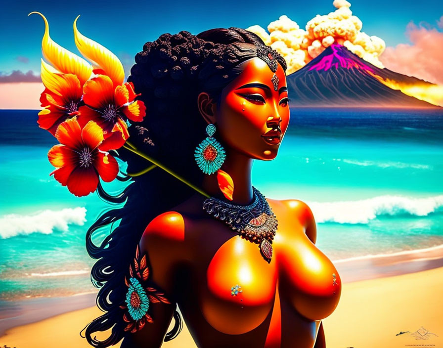 Stylized woman with braided hair and volcano eruption by the sea