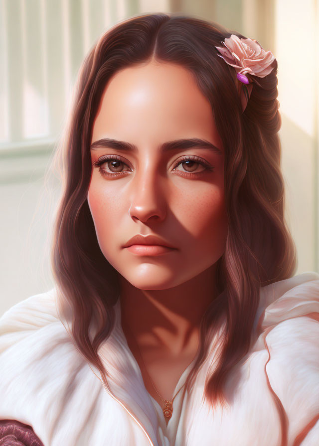 Young woman digital portrait: brown eyes, wavy hair, pink flower, thoughtful expression