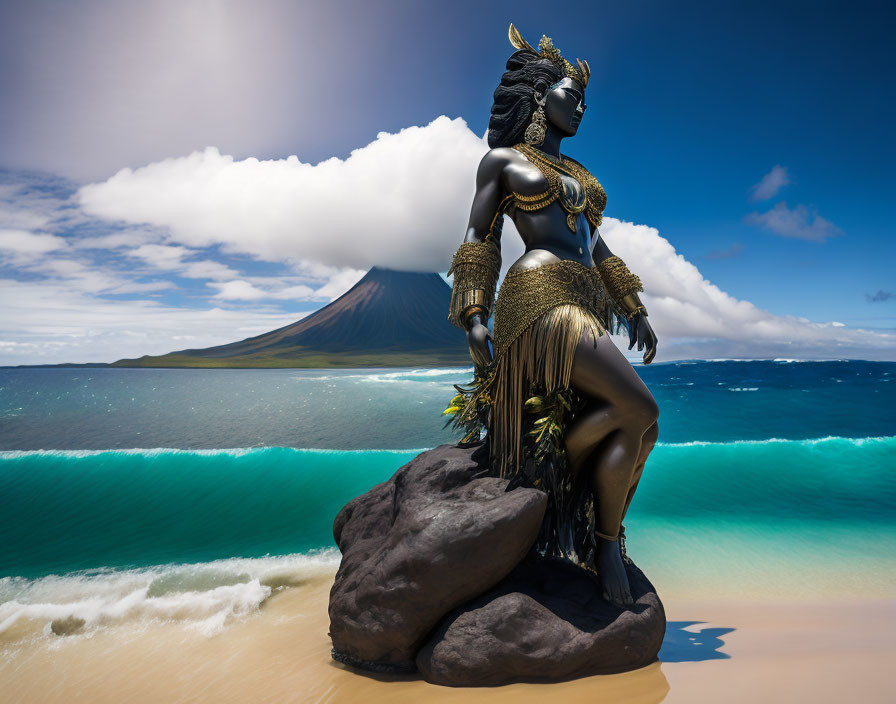 Regal figure in gold with ocean and volcano backdrop