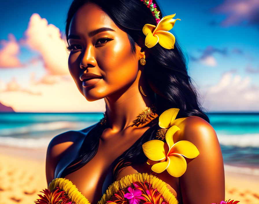 Stylized portrait of a woman with striking makeup and floral hair on a vibrant beach.