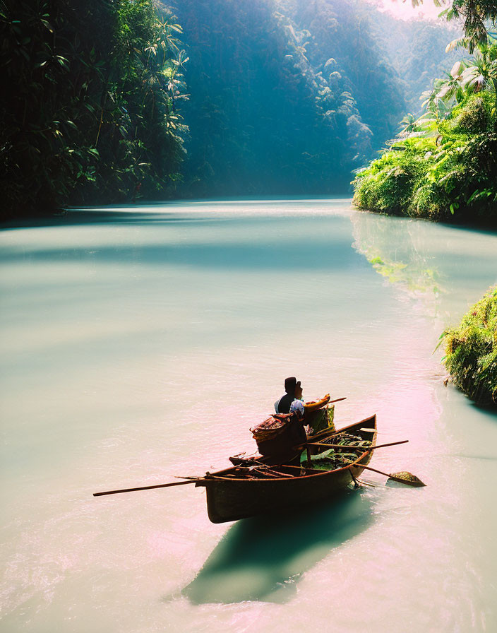 Tranquil scene: person rowing wooden boat on turquoise river amid lush tropical forest