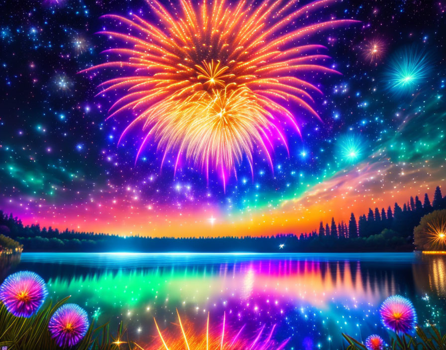 Colorful fireworks display over serene lake at night