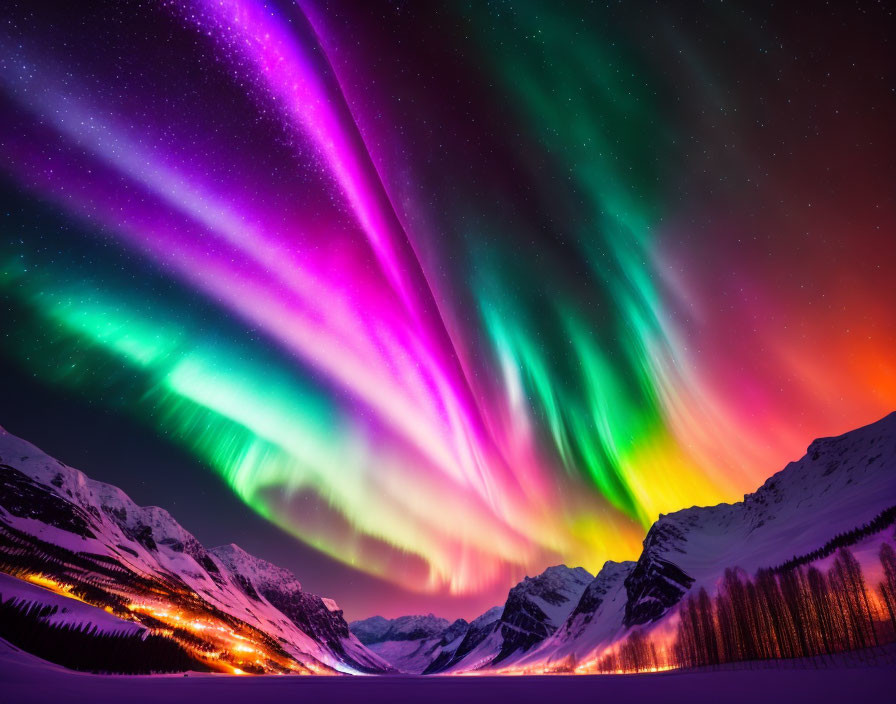 Colorful Aurora Borealis over Snow-Covered Mountains