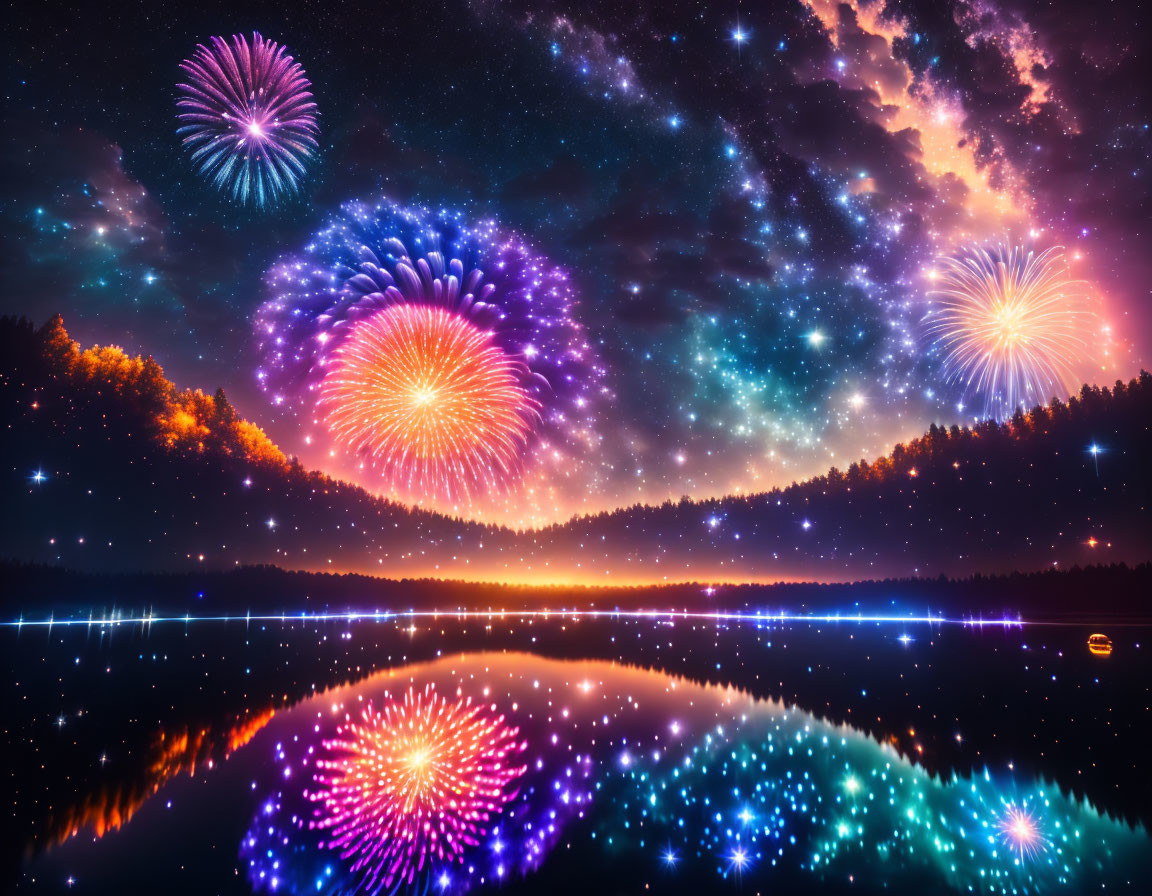 Colorful fireworks over calm lake with starlit sky