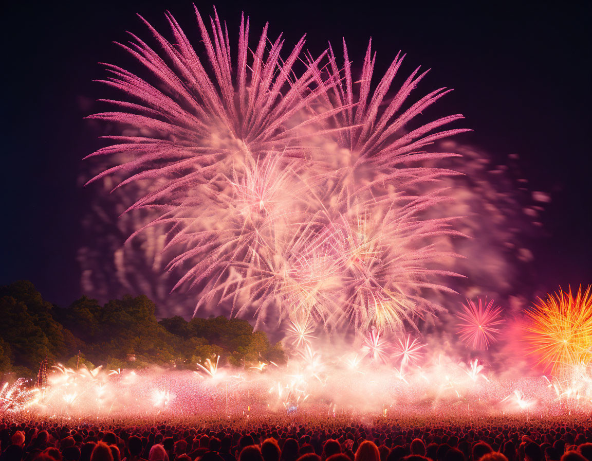 Colorful fireworks illuminate night sky above crowd.