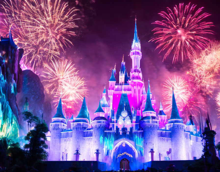 Colorful fireworks above illuminated fairy tale castle at night