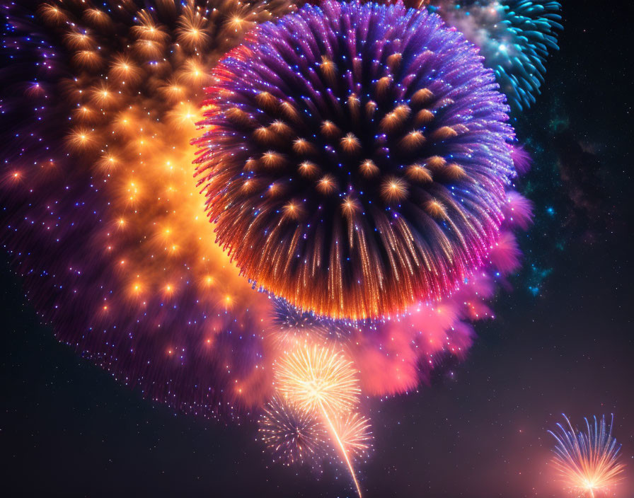 Colorful fireworks illuminate night sky with blue, purple, orange, and yellow bursts