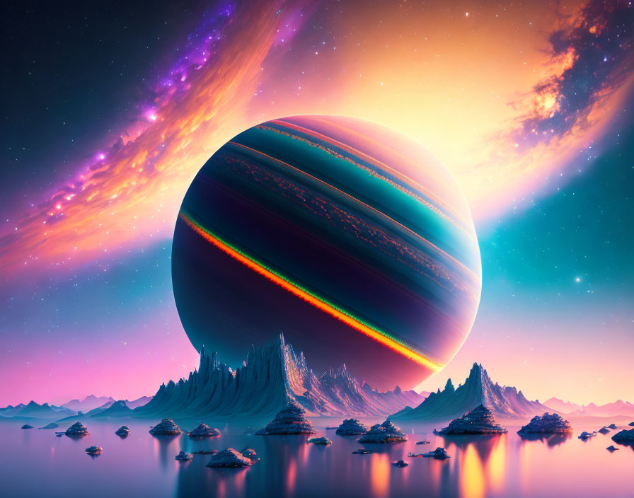 Colorful sci-fi landscape with ringed planet, ocean, and nebulae