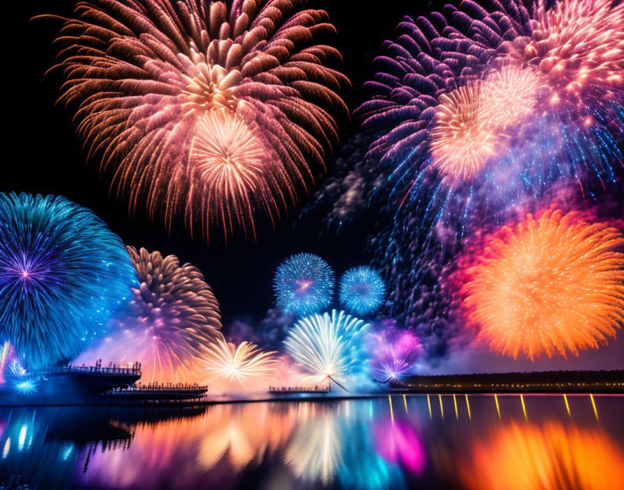 Colorful fireworks display reflecting on water with spectator silhouettes