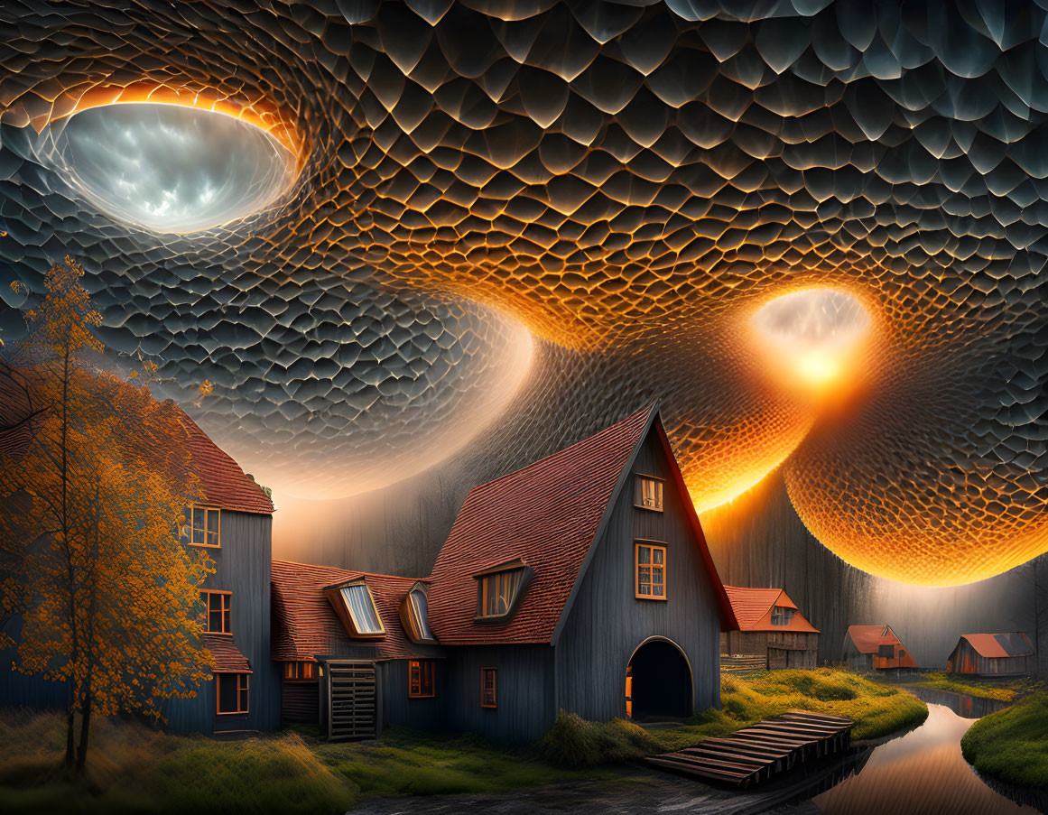 Surreal landscape with traditional houses under swirling sky patterns