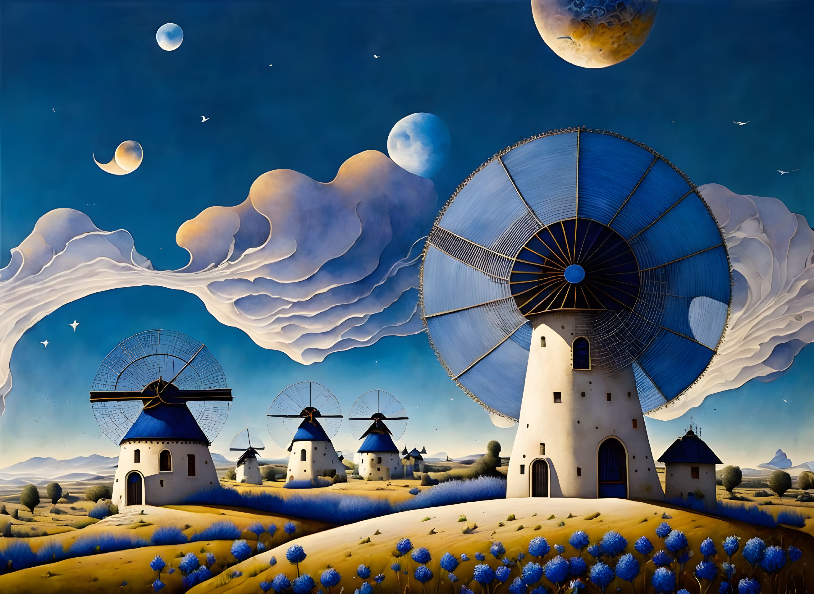 Surreal landscape with windmills, moons, planets, and rolling hills