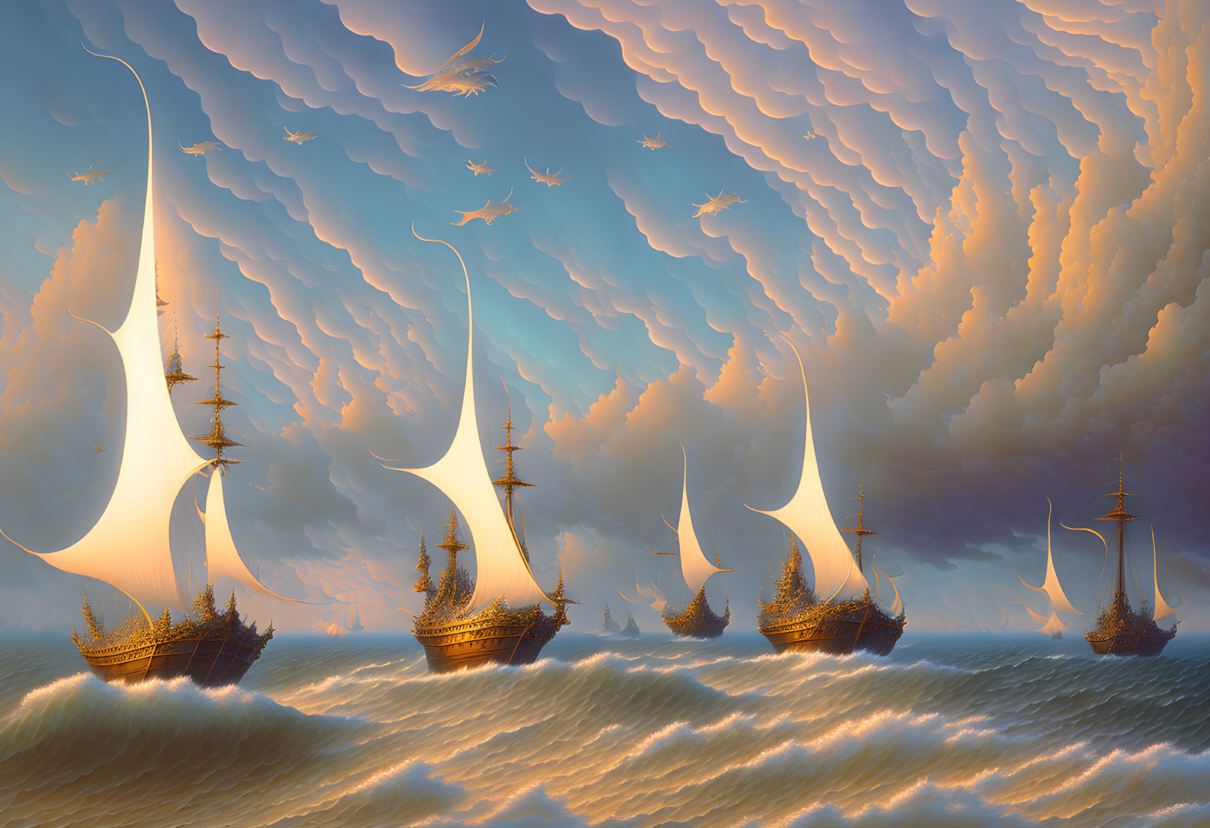 Golden sailing ships with large white sails on dramatic cloudy sky.