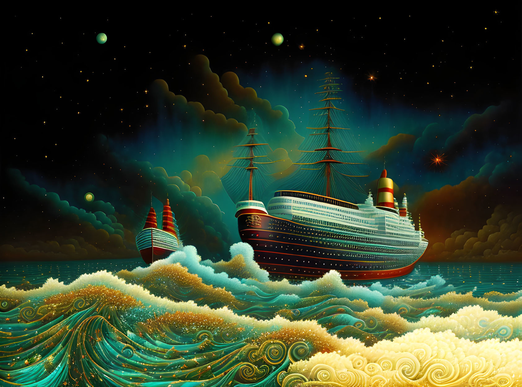 Illustration of large ship with sails at night on vibrant sea.